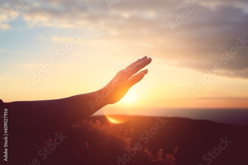 Jesus helping hand concept: World Peace Day Help hand on sunset background, Generative AI