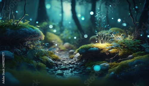 A Fantasy Forest with Glowing Trees and Luminescent Flowers. Generative ai