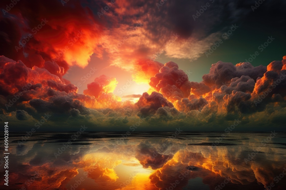 surreal landscape with abstract and colorful sky, featuring dramatic clouds, created with generative ai