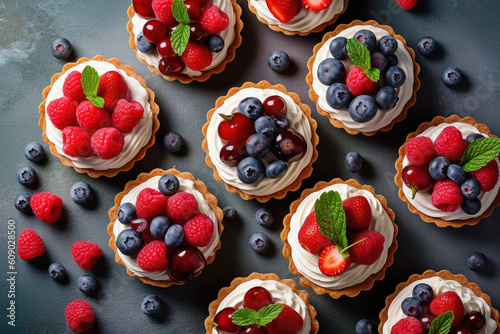 Berry tartlets with cream, summer dessert. AI Fototapet