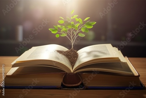 World philosophy day education concept: tree of knowledge planting on opening old big book in library with textbook  in natural background, Generative AI photo