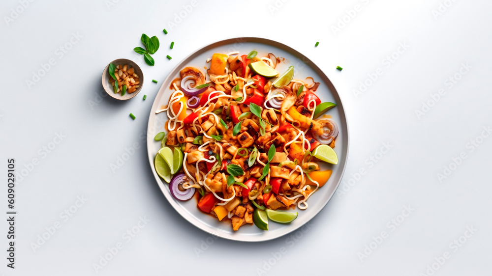 A plate of Vegan Pad Thai on white background. Flat lay. Minimalist. Vegan food concept. Generative AI. A plate of Vegan Pad Thai on white background. Flat lay. Minimalist. Vegan food concept. Generative AI.