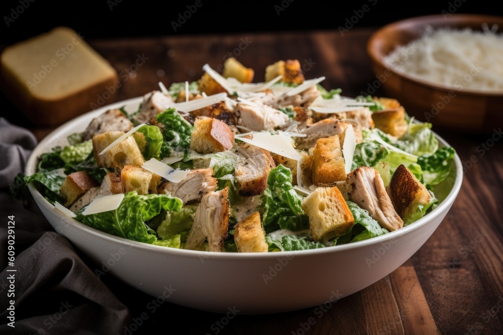 bowl of chicken caesar salad, topped with croutons and parmesan cheese, created with generative ai bowl of chicken caesar salad, topped with croutons and parmesan cheese, created with generative ai
