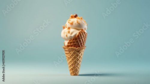 Summer delight in hot weather. Ice cream in a waffle cone close-up, isolate.