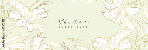 Luxury floral wallpaper with gold line art. Beautiful background with elegant lily flowers. Vector design for wedding card, home decor, print, cover, banner, advertisement, invitation