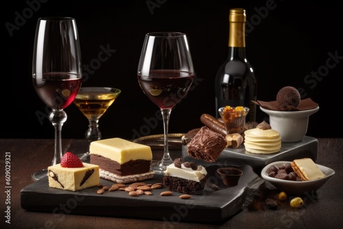 chocolate and wine pairing with a variety of desserts for dessert  created with generative ai