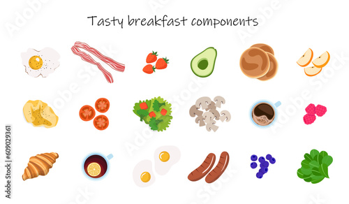 Big set of the most popular breakfast ingredients. Vector illustrations collection isolated on white background.