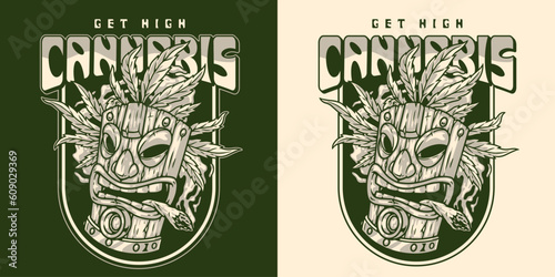 Cannabis tiki mask monochrome flyer