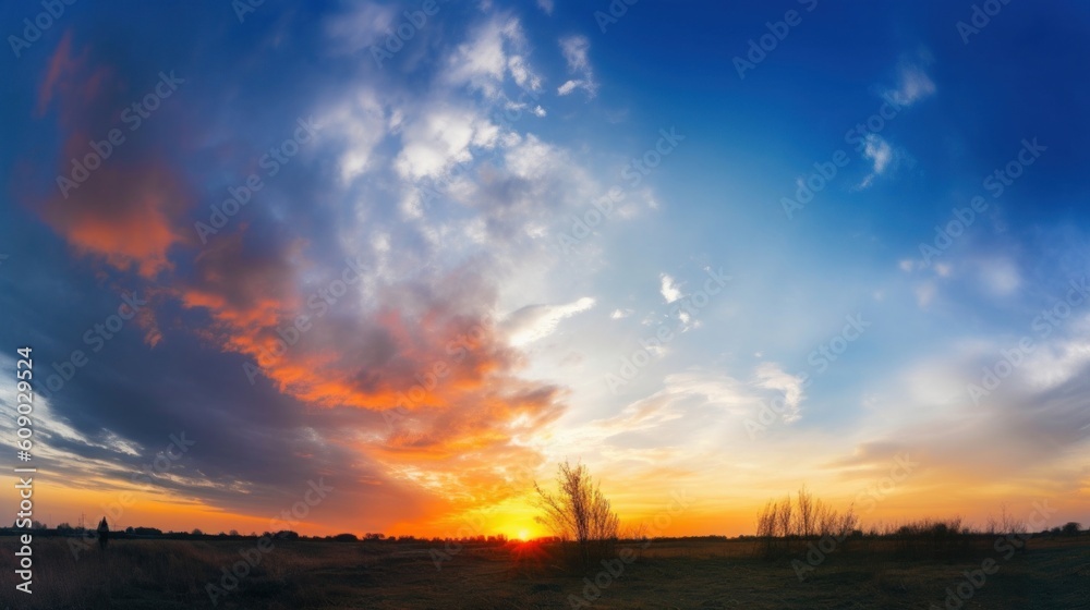 World environment day concept: Panoramic photo bright spring sunset with blue sky, Generative AI World environment day concept: Panoramic photo bright spring sunset with blue sky, Generative AI