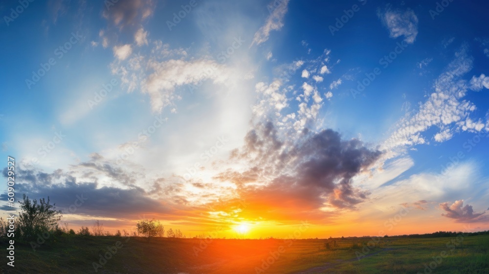 World environment day concept: Panoramic photo bright spring sunset with blue sky, Generative AI