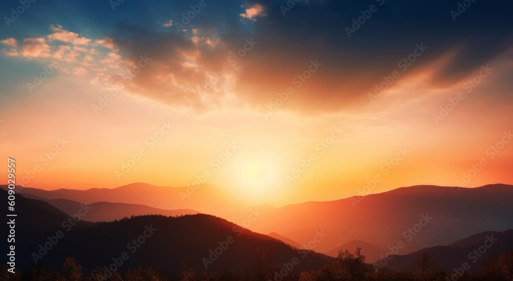 Earth Day concept: Golden Sunset Over The Mountains, Generative AI