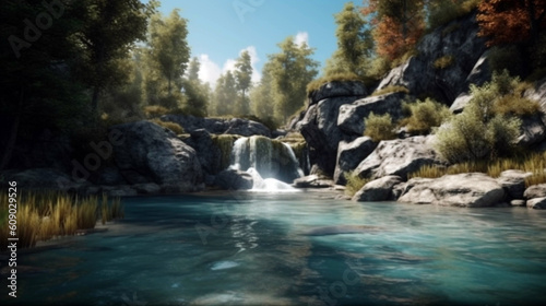 Small waterfall flowing into blue lake surrounded by rocks and green trees growing. AI Generative
