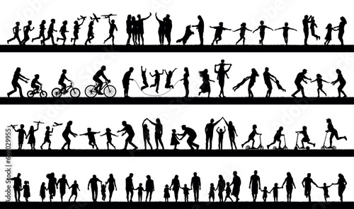 Playful family outdoor activities sports characters shape set silhouettes collection.
