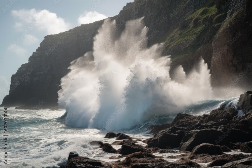 Obraz premium sea waves crashing against the cliff face, with spray flying, created with generative ai