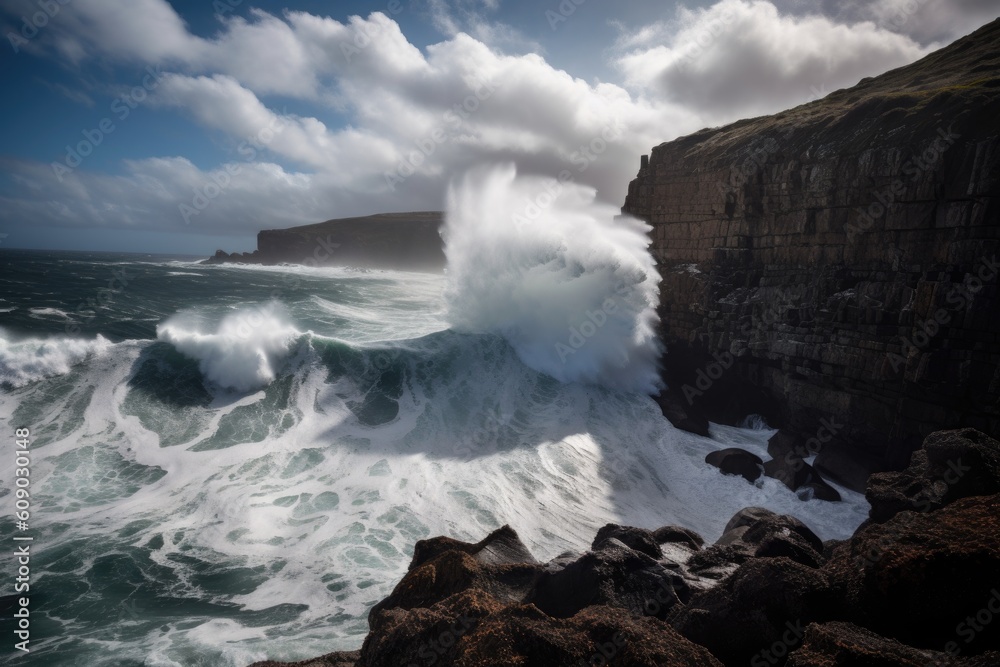 waves crashing against the cliffs, with dramatic sky in the background, created with generative ai