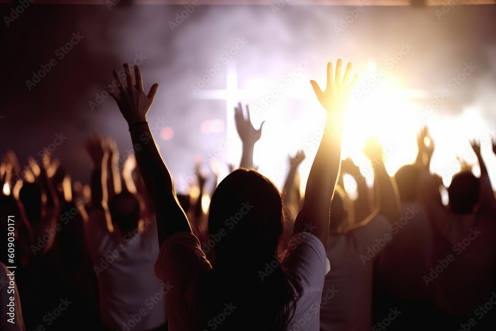 Church worship concept:Christians raising their hands in praise and worship at a night music concert, Generative AI - obrazy, fototapety, plakaty 