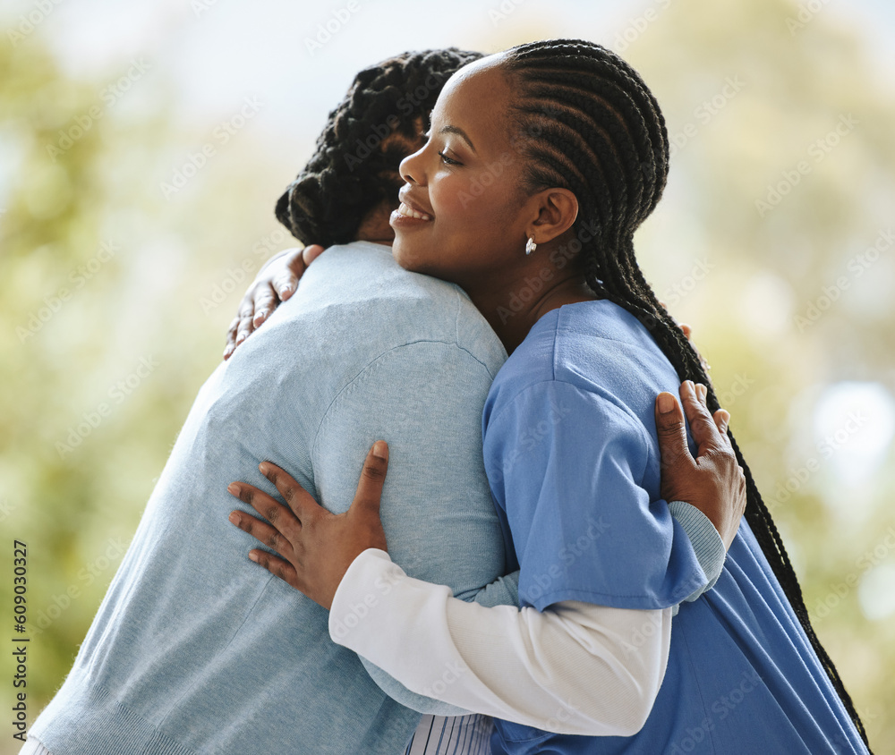Εκτύπωση καμβά Woman patient, nurse and hug outdoor for support, healthcare and happiness at nursing home