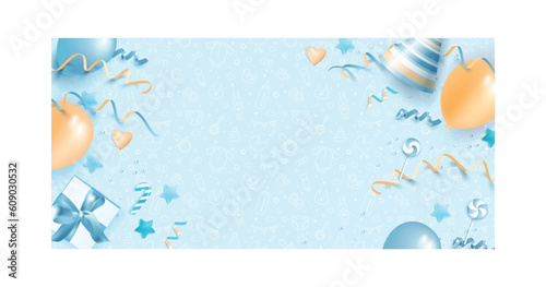 Welcome little king vector poster. Baby Shower Blue Background with balloons, gift box, birthday hat cap. Baby Arrival Cartoon Vector Illustration