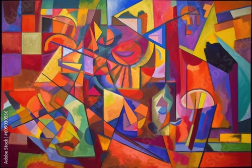 cubist painting with vibrant colors and abstract shapes, created with generative ai