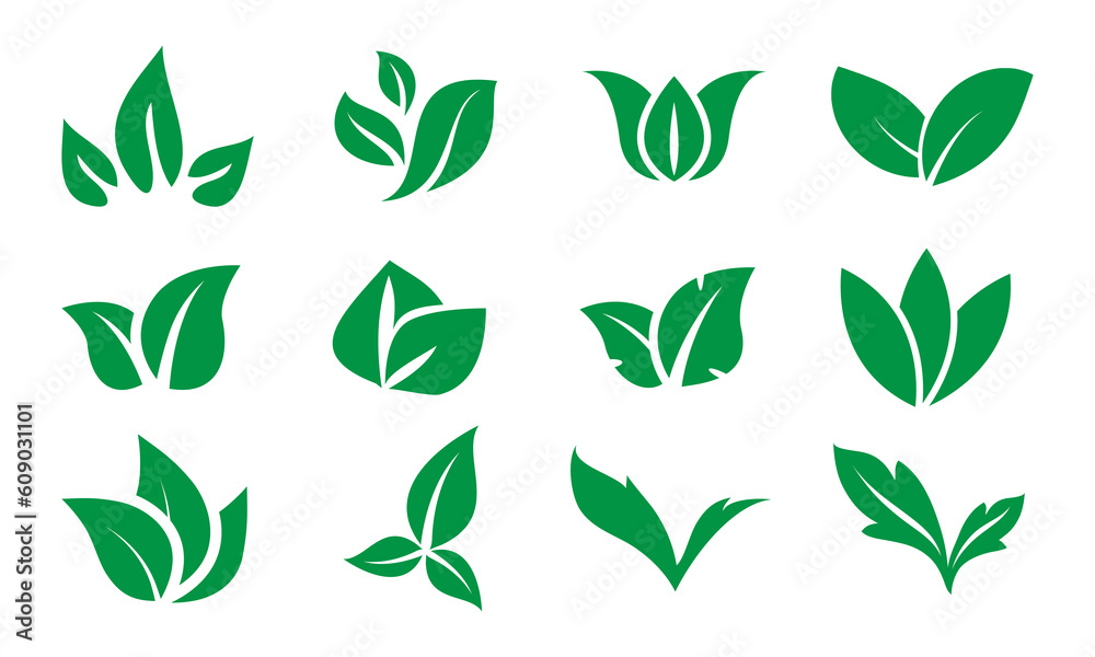 vector green leaf icons set on white background.