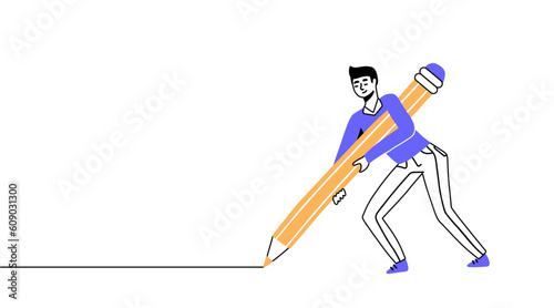 Happy young man holding big pencil and drawing a line on the floor. Concept of writer, creativity, achievement, education, motivation, homework, Outline linear doodle Simple style vector illustration.