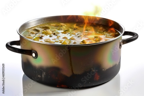 a pot of green chilies stewing in a skillet over fire