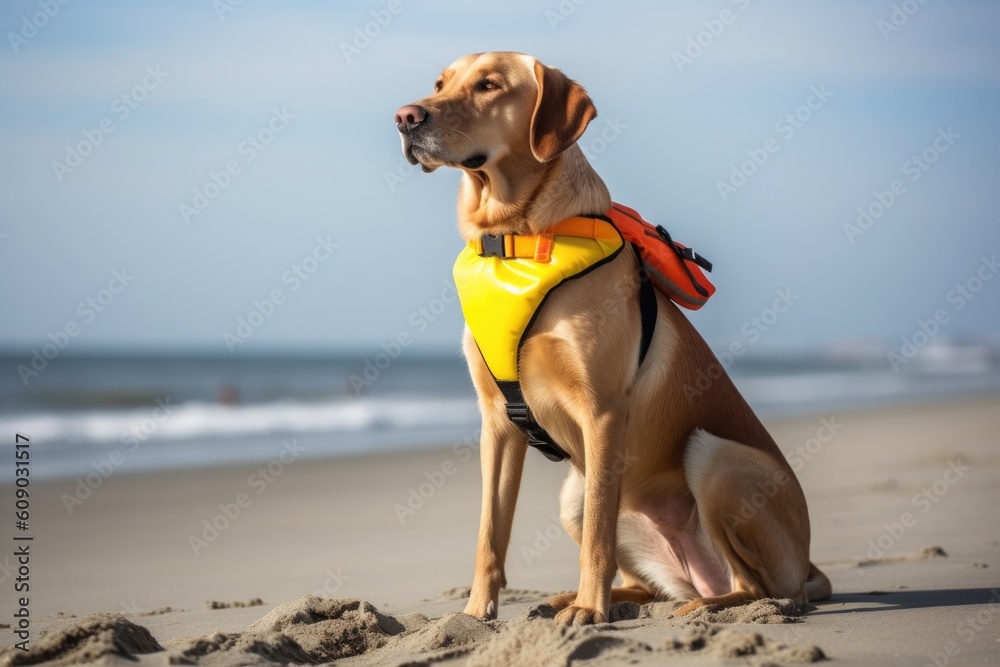 dog with lifeguard vest and whistle on beach patrol, created with