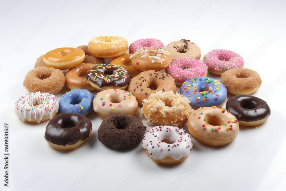 various donuts shown on a white background