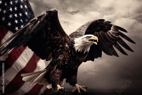 Generative Ai illustration of powerful eagle with USA flag representing 4th of july independence day celebrations photo