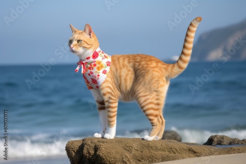 leggy cat showing off swimsuit on beach with view of the ocean, created with generative ai