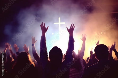 Church worship concept:Christians raising their hands in praise and worship at a night music concert, Generative AI © Harvinder