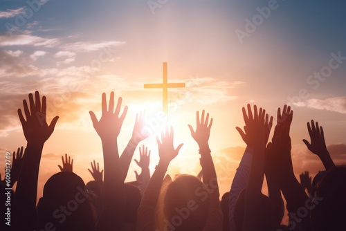 Worship and praise concept: christian people hand rising on sunset background, Generative AI