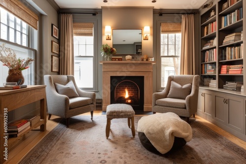 a cozy, inviting home with reading nooks and warm fireplaces for studying, created with generative ai