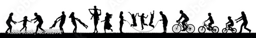 Playful family outdoor activities and sports different poses set silhouettes.