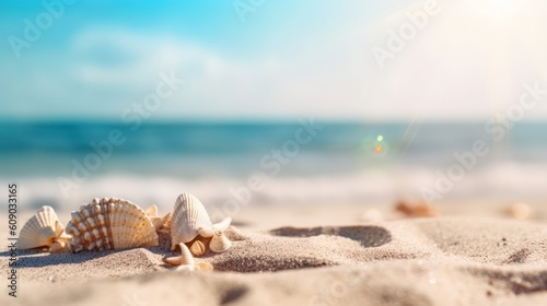 Tropical summer sand beach and bokeh sun light on sea background. Generative AI