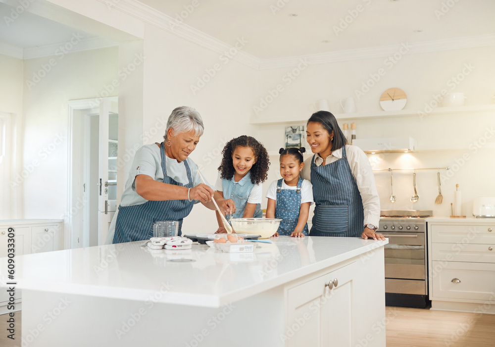Grandmother, mom or children baking as a happy family with girl siblings learning cookies recipe at home. Mixing cake, development or grandma smiling or teaching kid to help bake with eggs or flour Grandmother, mom or children baking as a happy family with girl siblings learning cookies recipe at home. Mixing cake, development or grandma smiling or teaching kid to help bake with eggs or flour