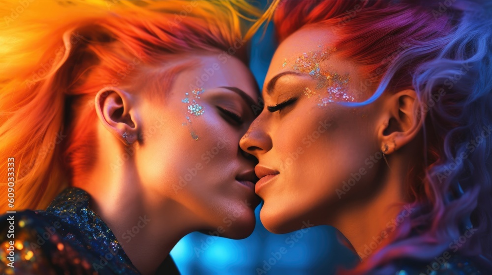 Naklejka premium A loving LGBTQ+ couple share a kiss. Generative AI