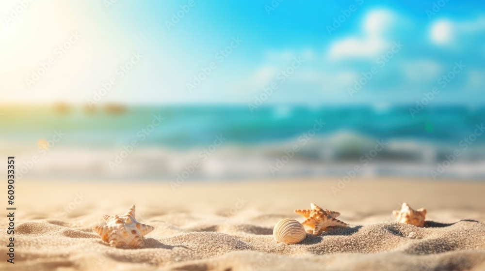 Tropical summer sand beach and bokeh sun light on sea background. Generative AI Tropical summer sand beach and bokeh sun light on sea background. Generative AI