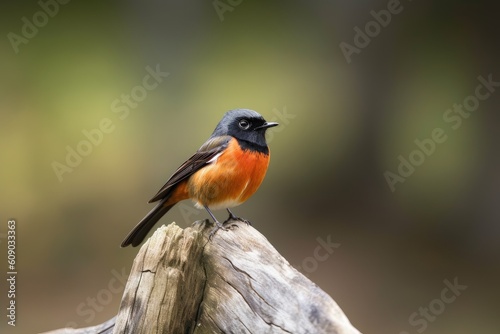 male redstart bird perching on tree trunk, with its feathers in full display, created with generative ai