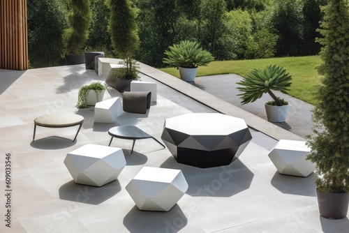 modern outdoor seating with sleek, contemporary design and geometric patterns, created with generative ai