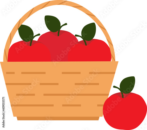 Vector illustration of straw basket with red apples in cartoon style