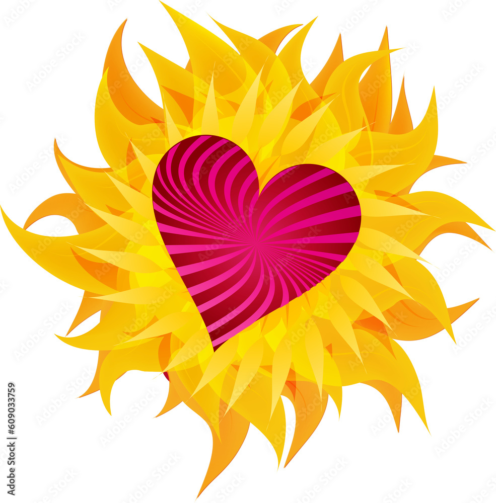 flammende Sonnenblume mit rotem Herz flammende Sonnenblume mit rotem Herz