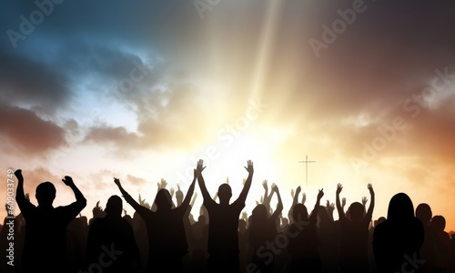 Worship and praise concept: Silhouette many people raised hands over sunset background, Generative AI © Harvinder