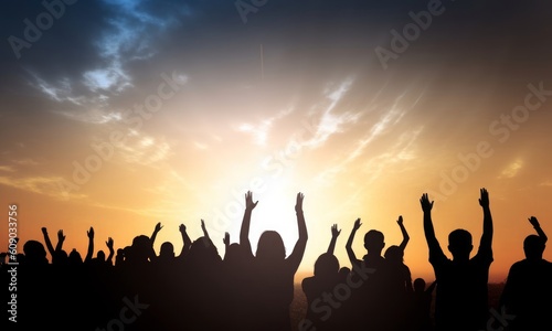 Worship and praise concept: Silhouette many people raised hands over sunset background, Generative AI