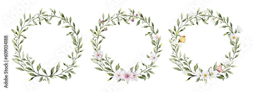 Set of watercolor wreaths with flowers leaves and butterflies