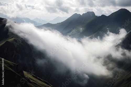 majestic mountain range, with clouds floating above and mist in the valleys, created with generative ai