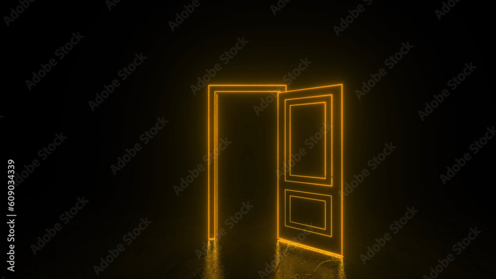 Orange neon open door with glowing lines. Cyberpunk neon door background concept. Glowing neon frame. Modern 3d graphic concept. 3D rendering