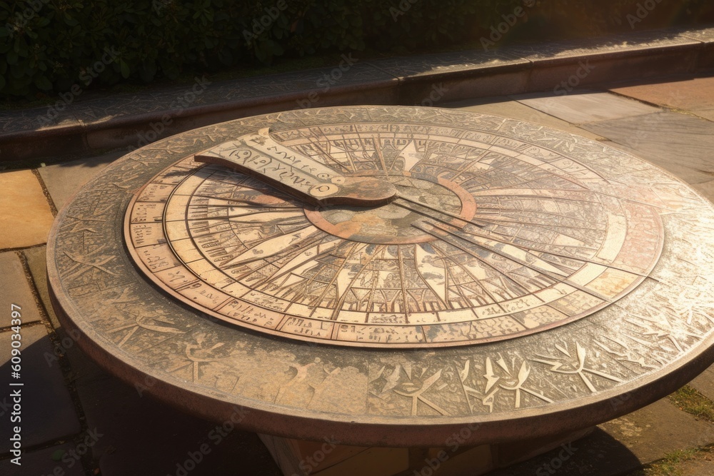 shimmering sundial, with its intricate patterns and design visible in the light, created with generative ai