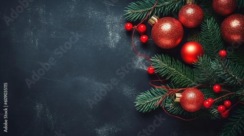 Christmas Decoration With Fir Branches and baubles On a Dark Background, Generative Ai