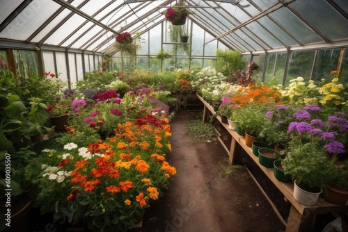greenhouse filled with colorful flowers and plants  created with generative ai